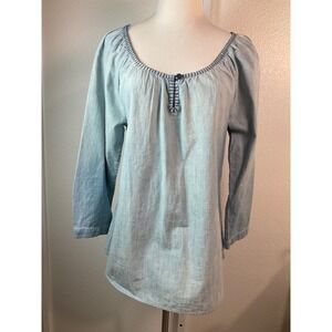 Lucky Brand  Blue Chambray Scoop Neck 3/4 Sleeve Pullover Shirt‎ Size M